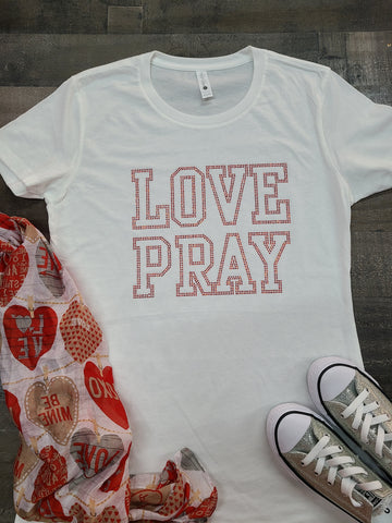 White LOVE PRAY Bling Tee