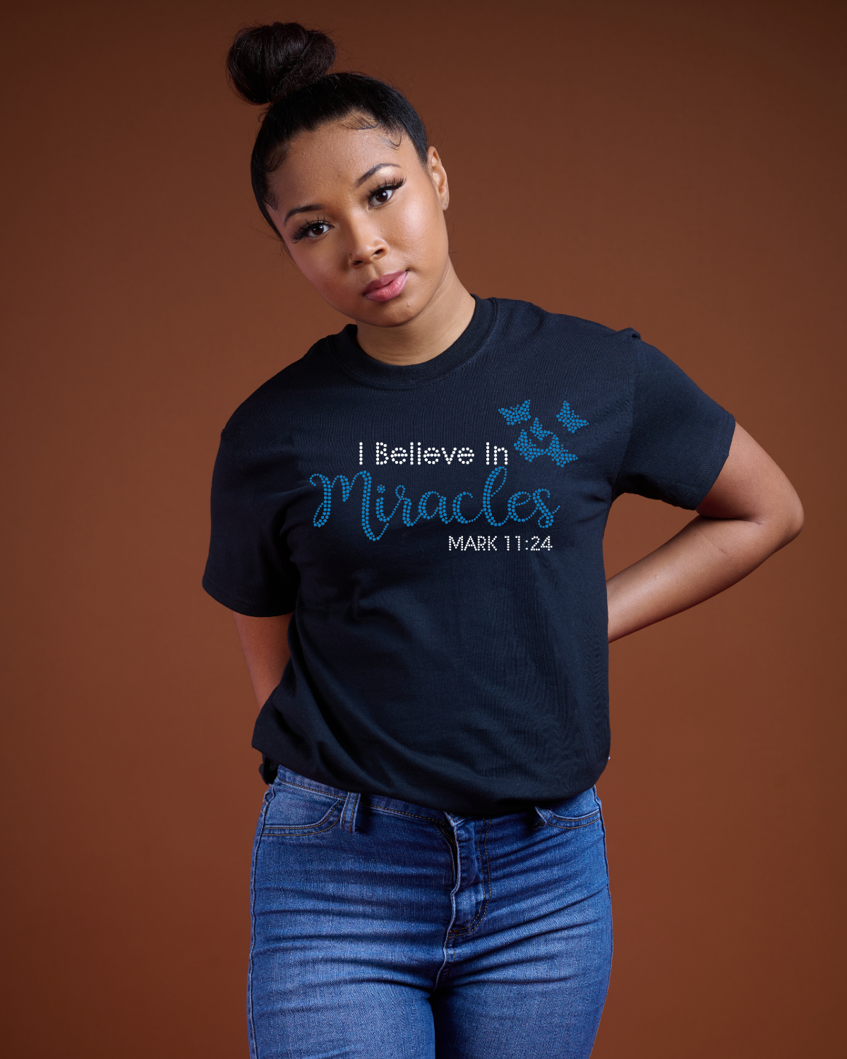 I Believe In Miracles Bling Tee ( blue rhinestones)