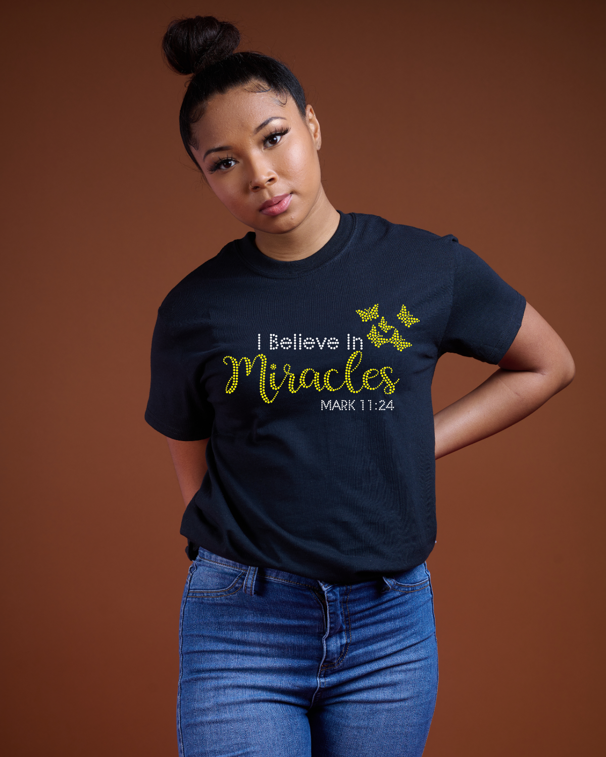 I Believe In Miracles Bling Tee ( yellow rhinestones)