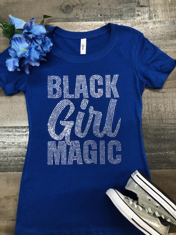 Blue Black Girl Magic Bling Tee (Clear Stone)