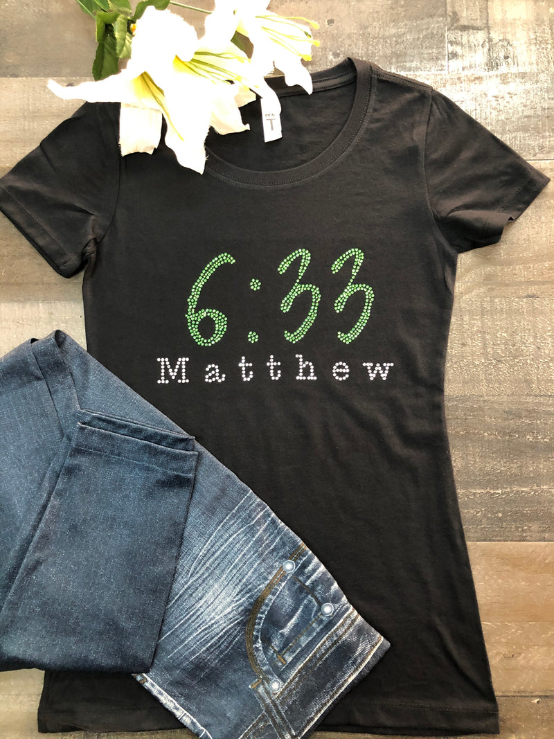 Matthew 6:33 Bling Tee (Green Rhinestones)