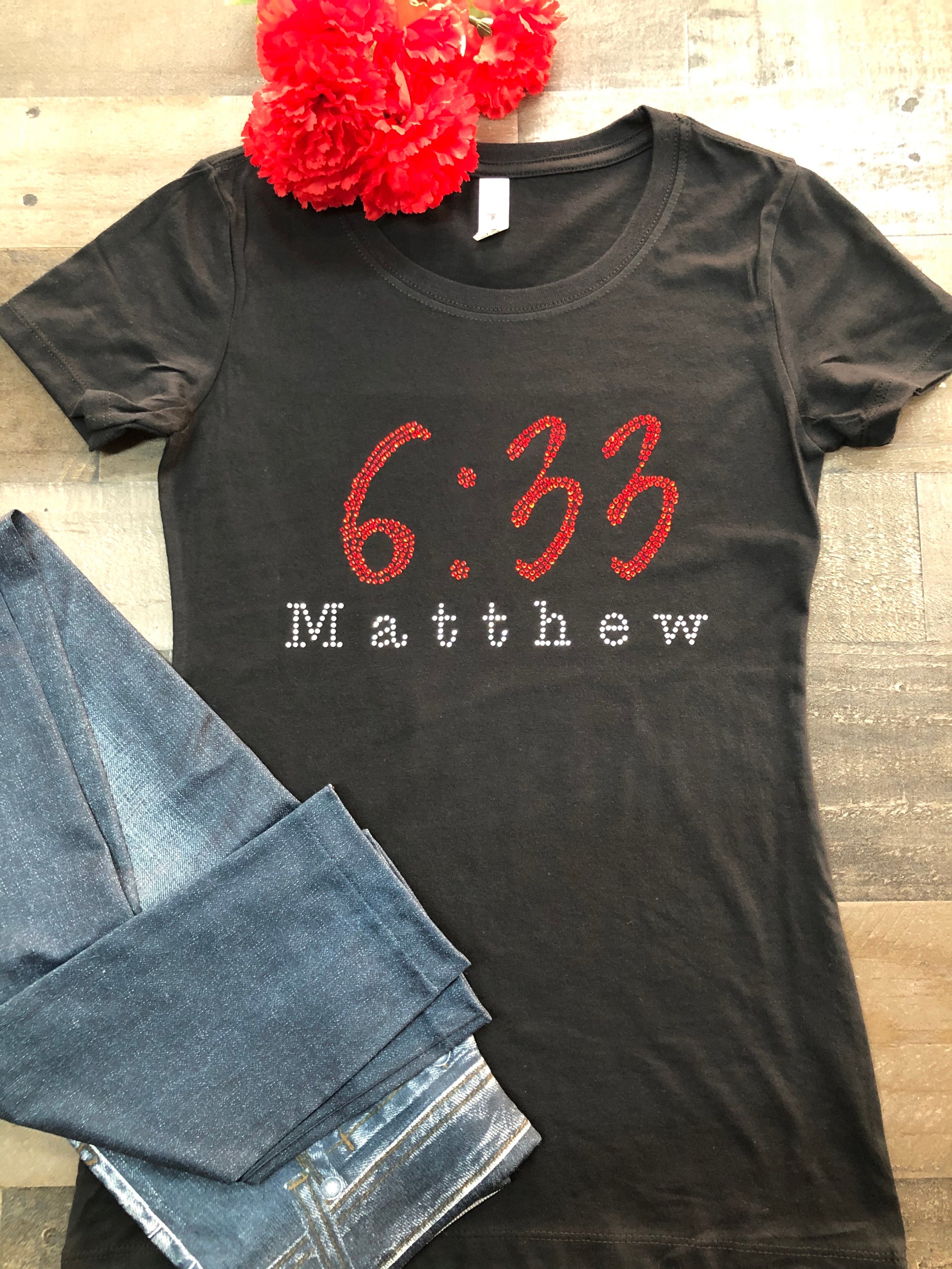 Matthew 6:33 Bling Tee (Red Rhinestones)