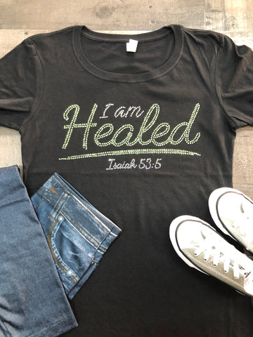 I Am Healed Bling Tee (Peridot/Clear Stone)